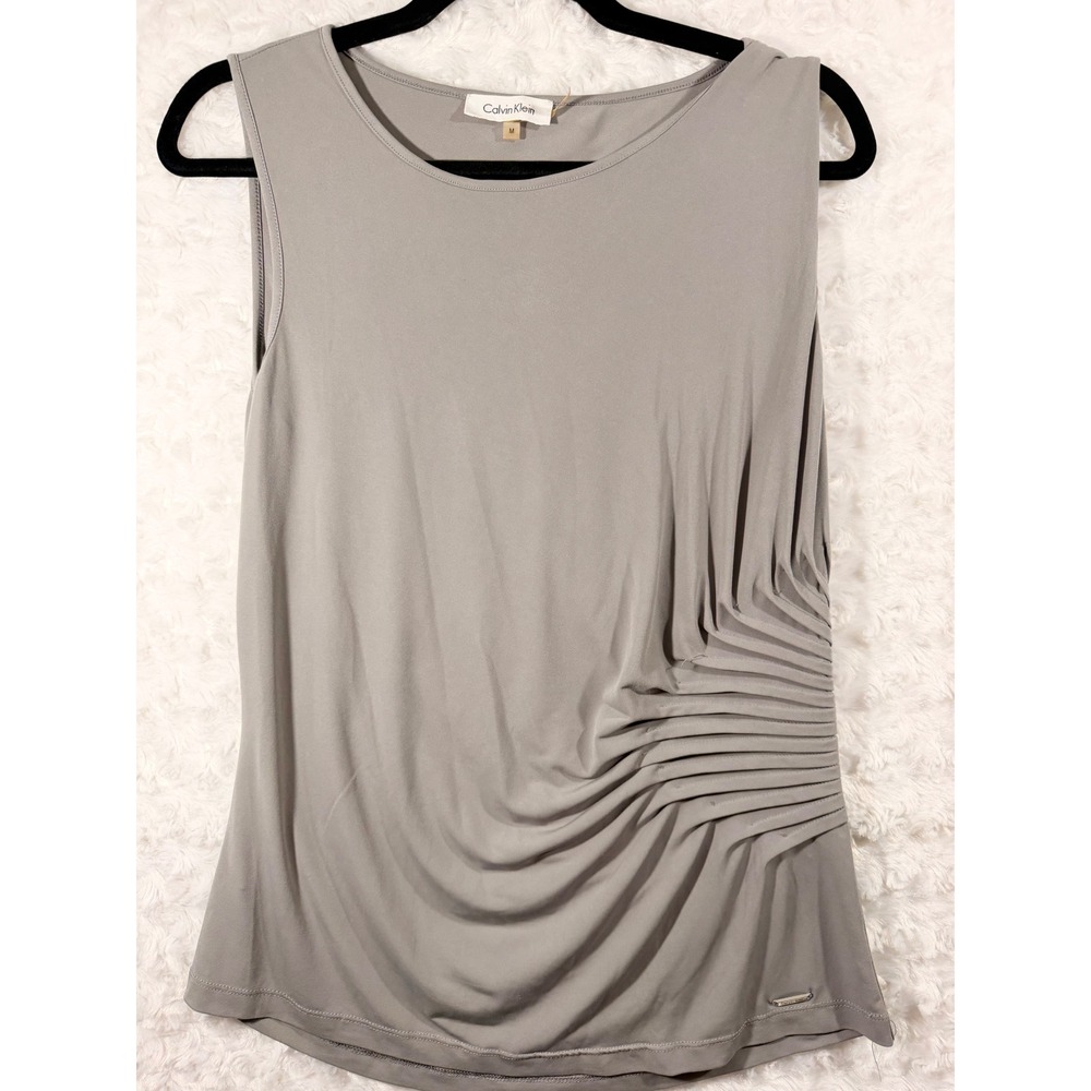 Calvin Klein Womens Size M Grey Ruched Side Pleated Sleeveless Shell Top